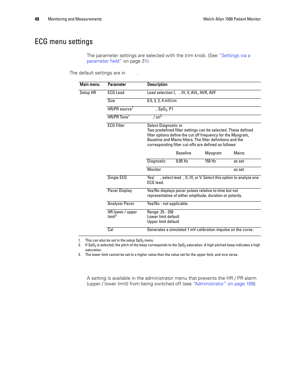 Ecg menu settings | Welch Allyn 1500 Patient Monitor v.1.3.X - User Manual User Manual | Page 52 / 134