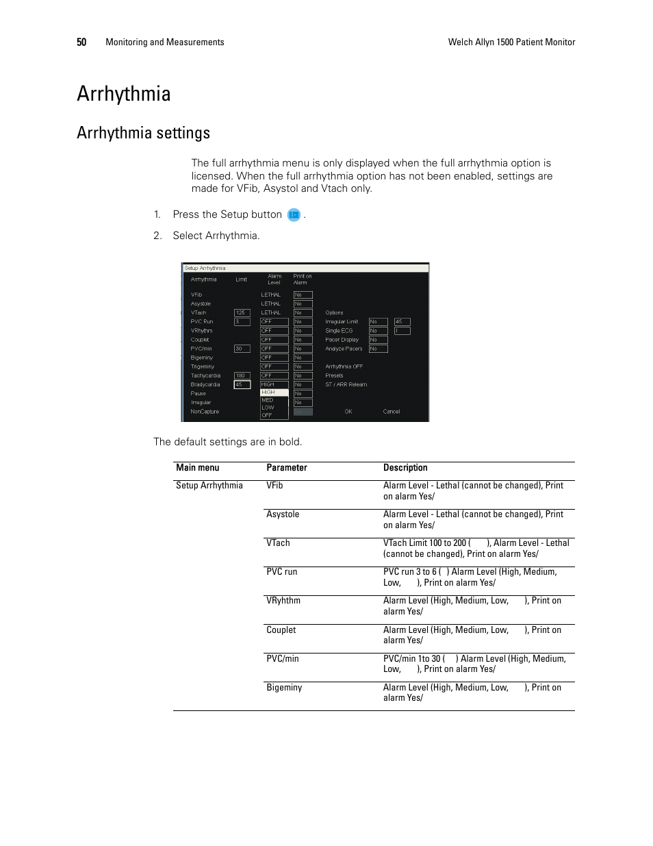 Arrhythmia, Arrhythmia settings | Welch Allyn 1500 Patient Monitor v.1.3.X - User Manual User Manual | Page 54 / 134