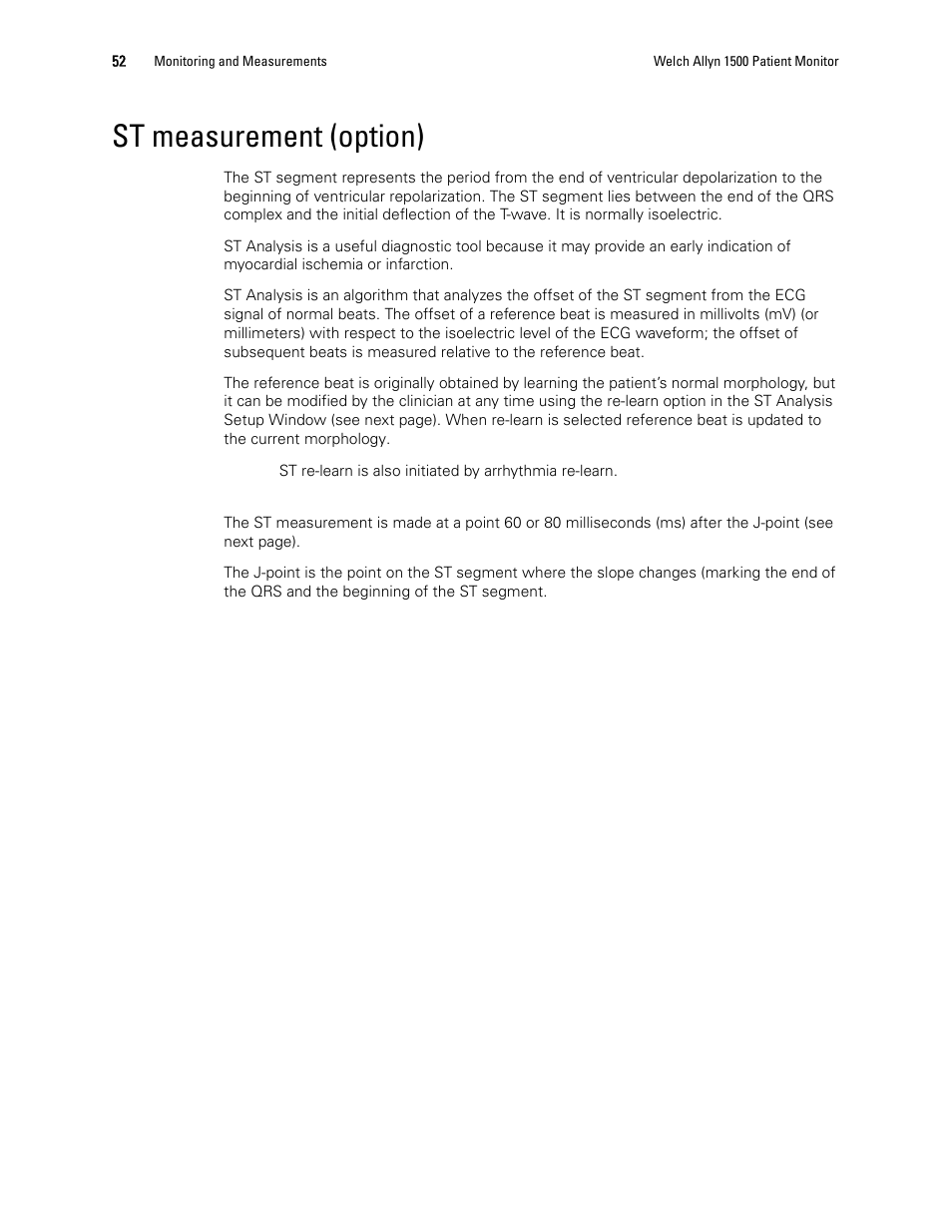 St measurement (option) | Welch Allyn 1500 Patient Monitor v.1.3.X - User Manual User Manual | Page 56 / 134