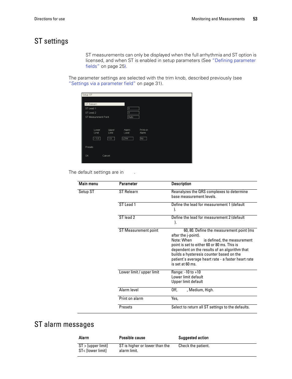 St settings, St alarm messages | Welch Allyn 1500 Patient Monitor v.1.3.X - User Manual User Manual | Page 57 / 134