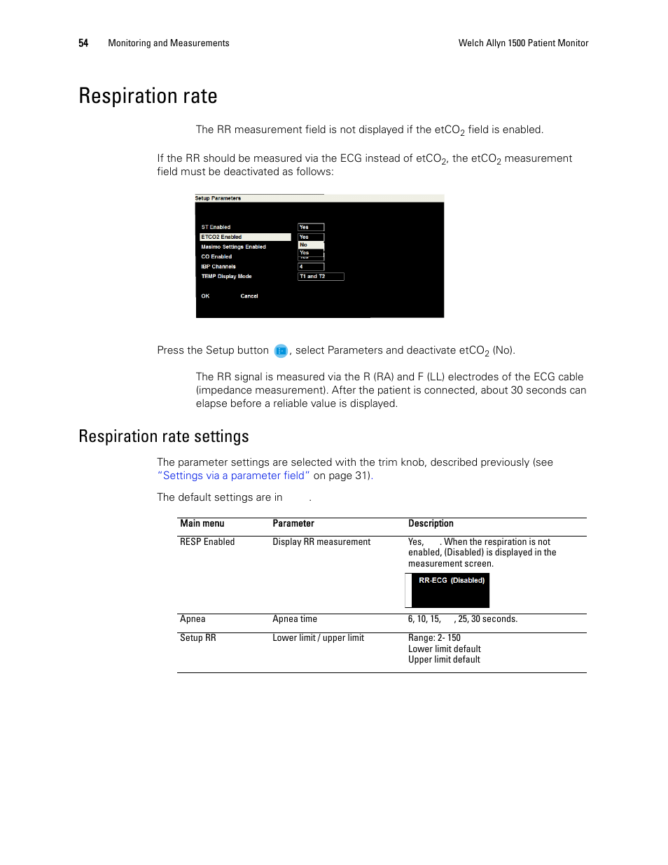 Respiration rate, Respiration rate settings | Welch Allyn 1500 Patient Monitor v.1.3.X - User Manual User Manual | Page 58 / 134