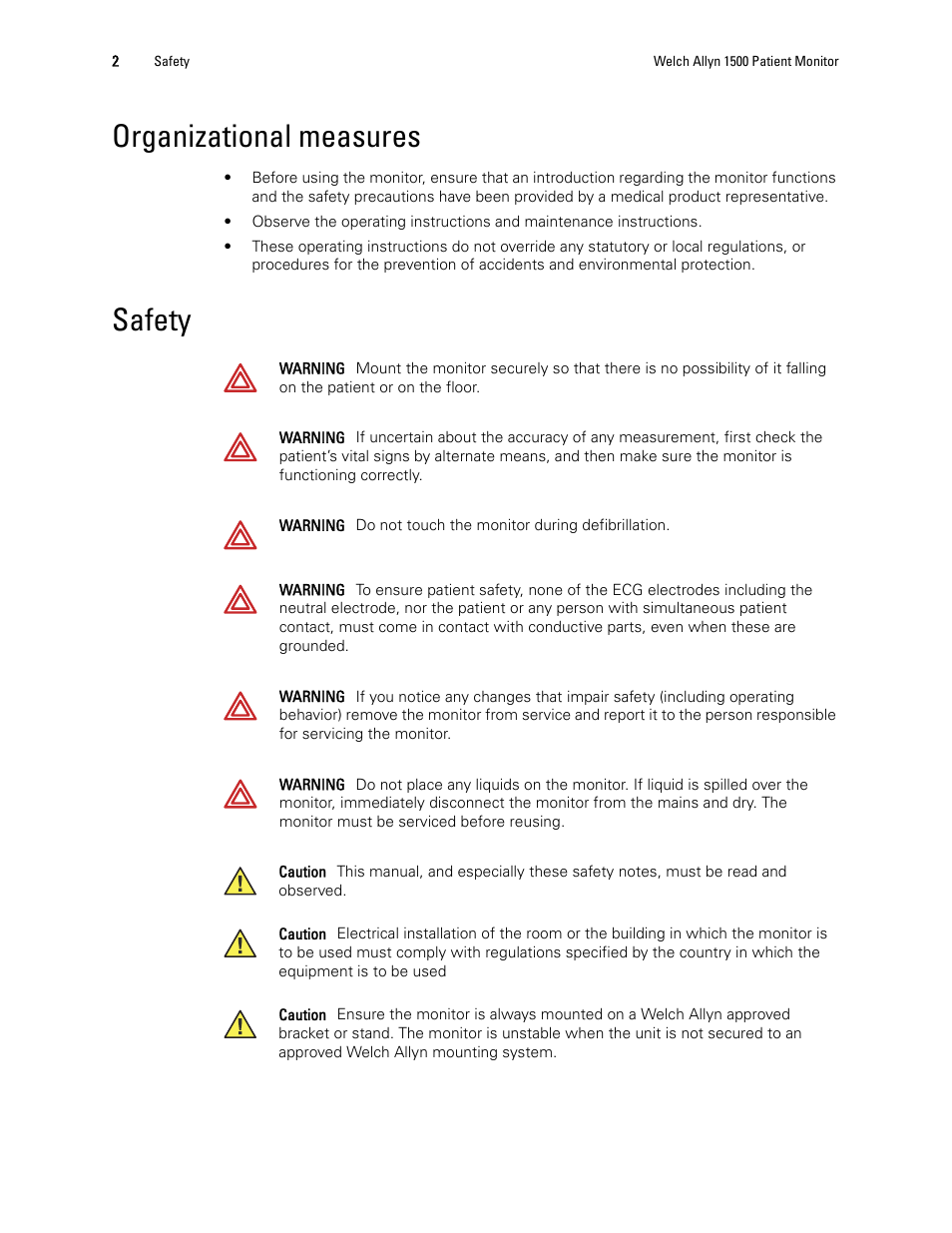 Organizational measures, Safety, Organizational measures safety | Welch Allyn 1500 Patient Monitor v.1.3.X - User Manual User Manual | Page 6 / 134