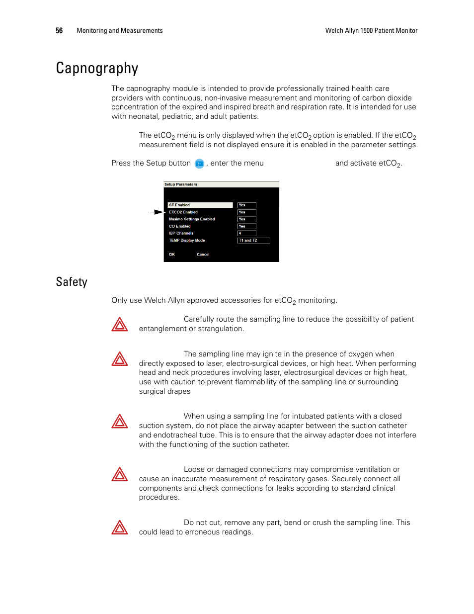 Capnography, Safety | Welch Allyn 1500 Patient Monitor v.1.3.X - User Manual User Manual | Page 60 / 134