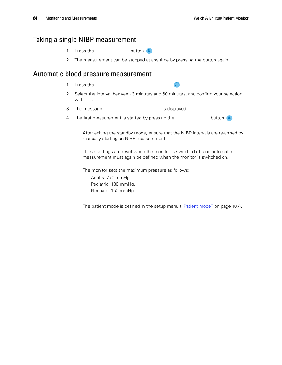 Saves, Taking a single nibp, Taking a single nibp measurement | Automatic blood pressure measurement | Welch Allyn 1500 Patient Monitor v.1.3.X - User Manual User Manual | Page 68 / 134