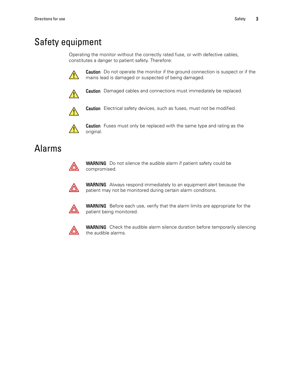 Safety equipment, Alarms, Safety equipment alarms | Welch Allyn 1500 Patient Monitor v.1.3.X - User Manual User Manual | Page 7 / 134