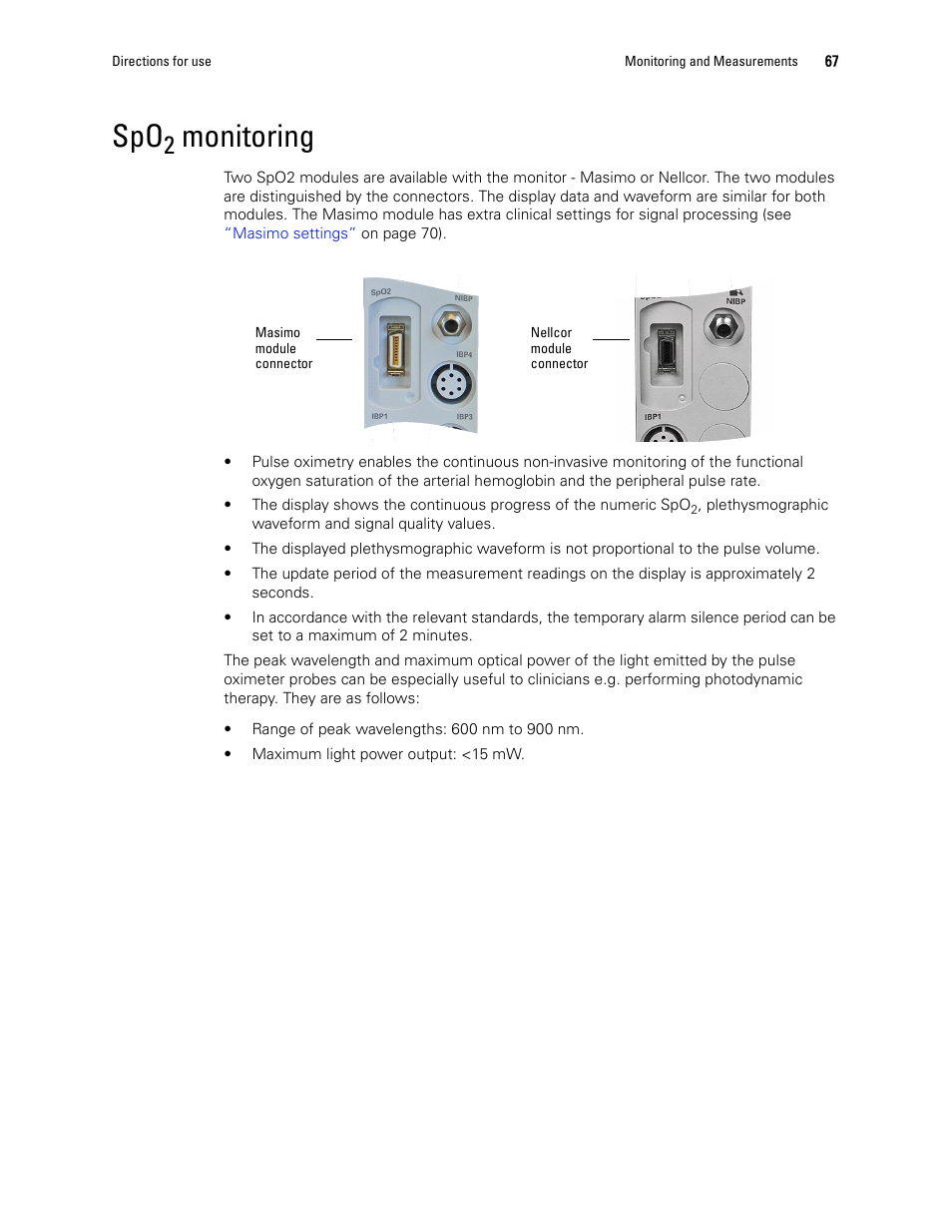 Spo2 monitoring, Monitoring | Welch Allyn 1500 Patient Monitor v.1.3.X - User Manual User Manual | Page 71 / 134