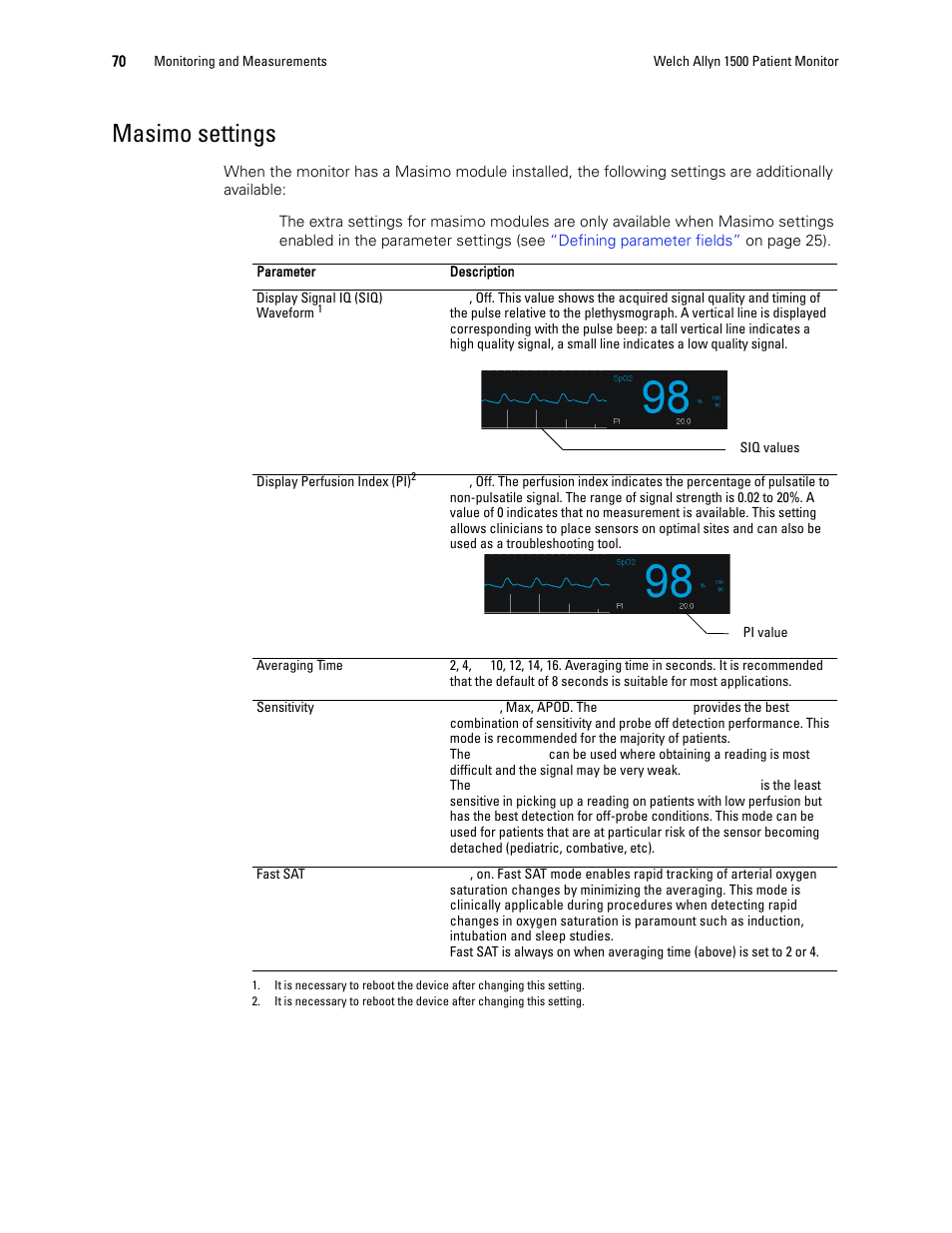 Masimo settings | Welch Allyn 1500 Patient Monitor v.1.3.X - User Manual User Manual | Page 74 / 134