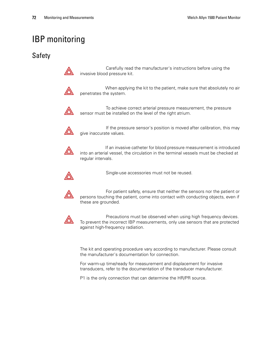 Ibp monitoring, Safety | Welch Allyn 1500 Patient Monitor v.1.3.X - User Manual User Manual | Page 76 / 134