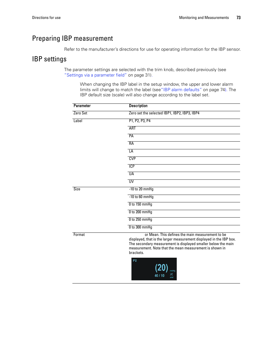 Preparing ibp measurement, Ibp settings | Welch Allyn 1500 Patient Monitor v.1.3.X - User Manual User Manual | Page 77 / 134