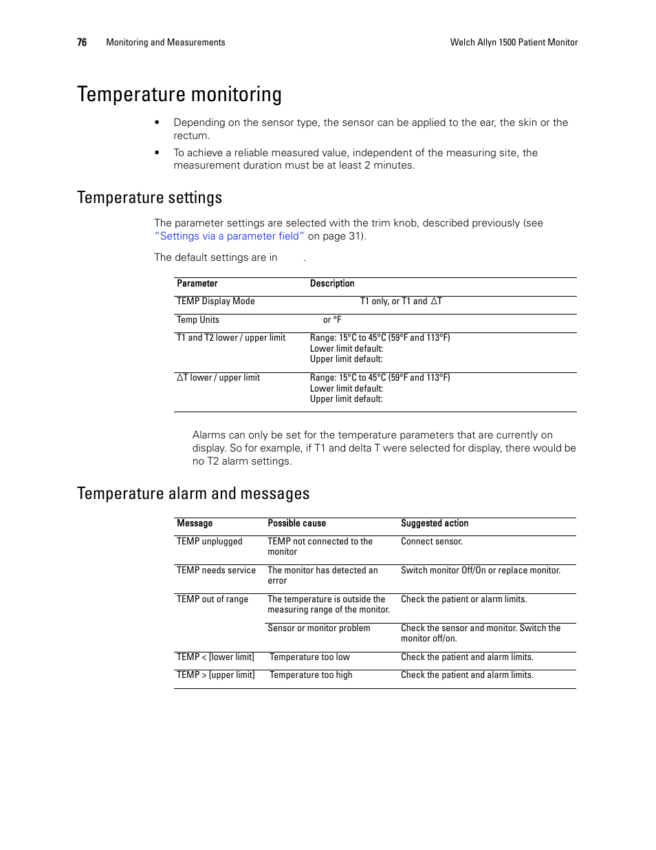 Temperature monitoring, Temperature settings, Temperature alarm and messages | Welch Allyn 1500 Patient Monitor v.1.3.X - User Manual User Manual | Page 80 / 134