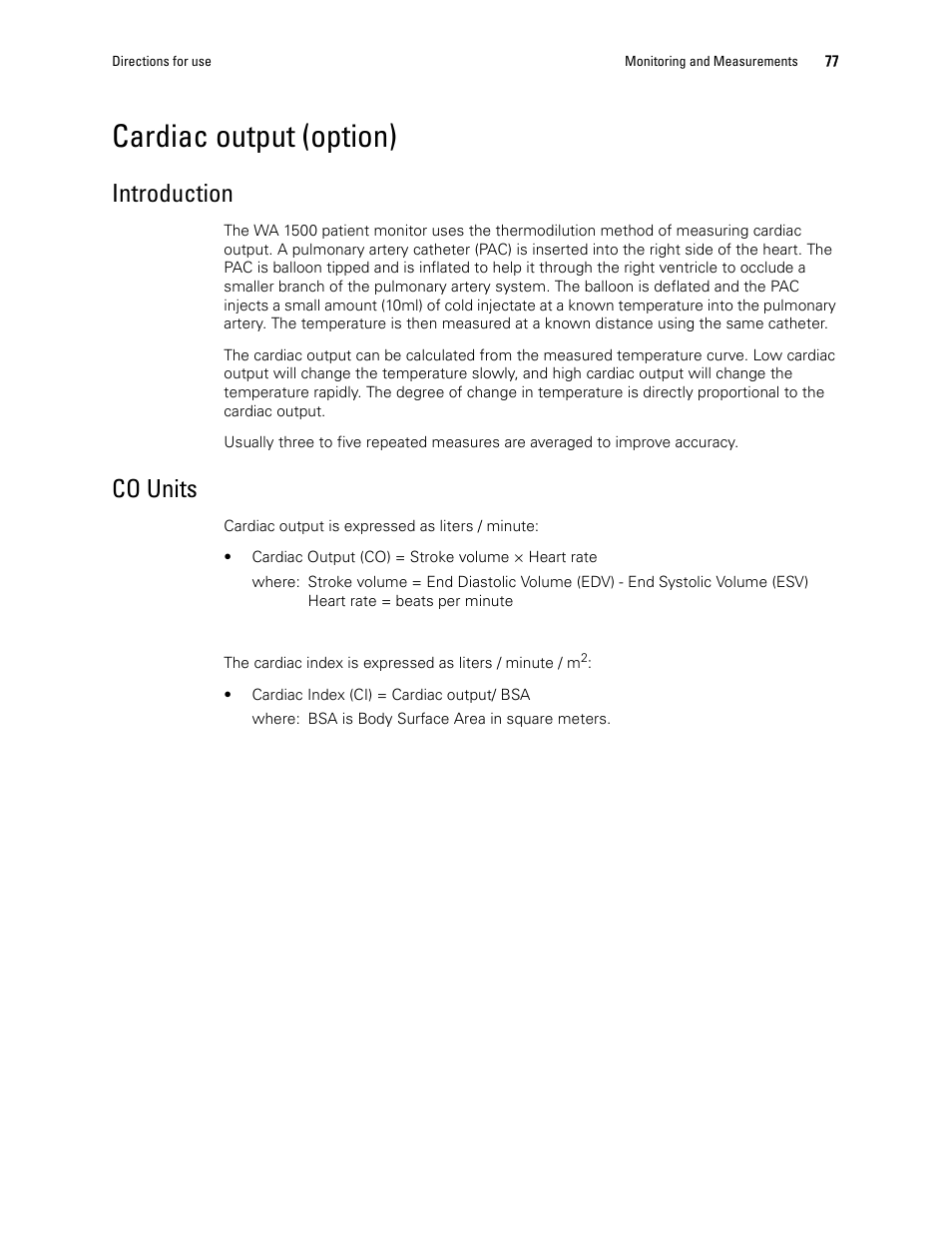 Cardiac output (option), Introduction, Co units | Welch Allyn 1500 Patient Monitor v.1.3.X - User Manual User Manual | Page 81 / 134