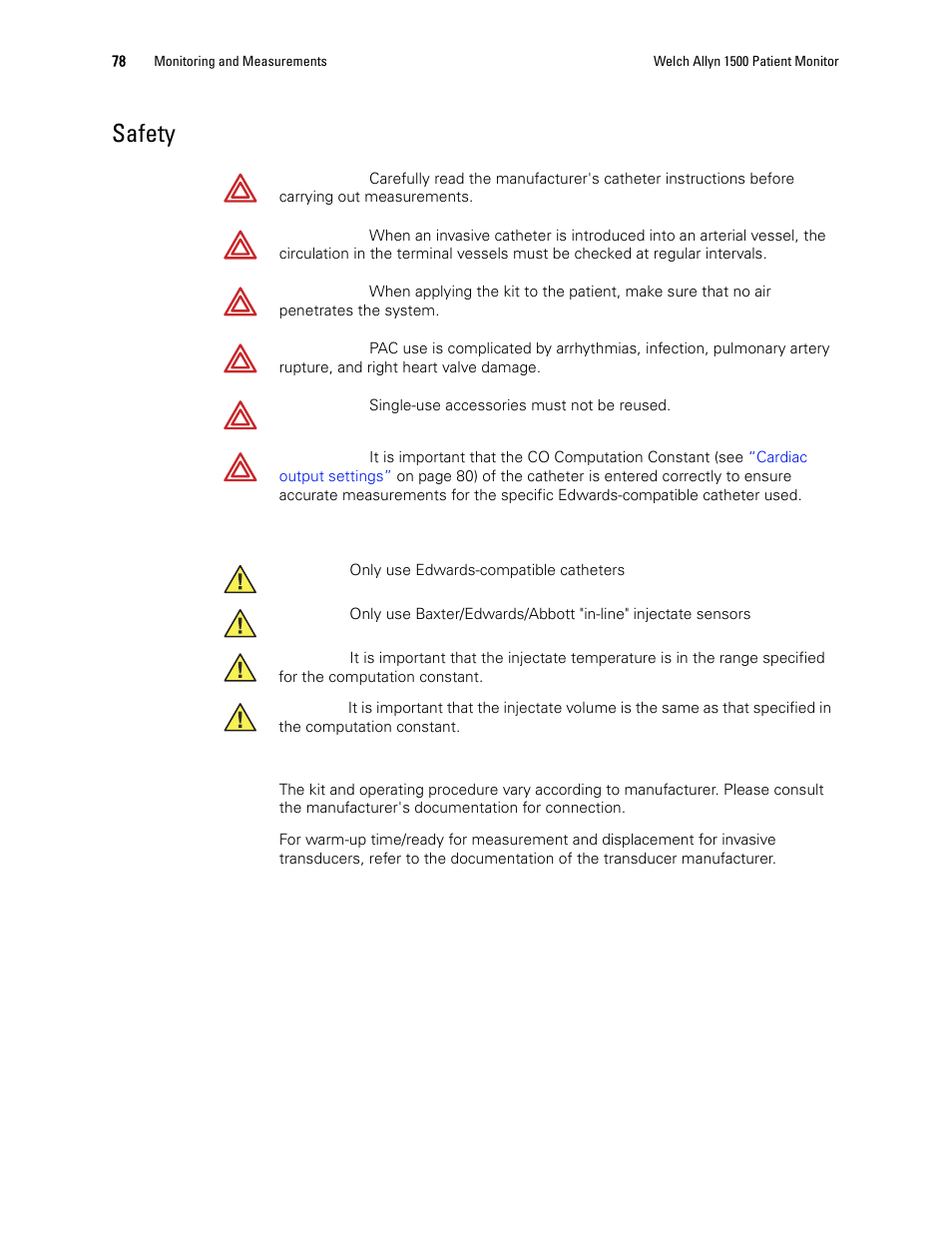Safety | Welch Allyn 1500 Patient Monitor v.1.3.X - User Manual User Manual | Page 82 / 134