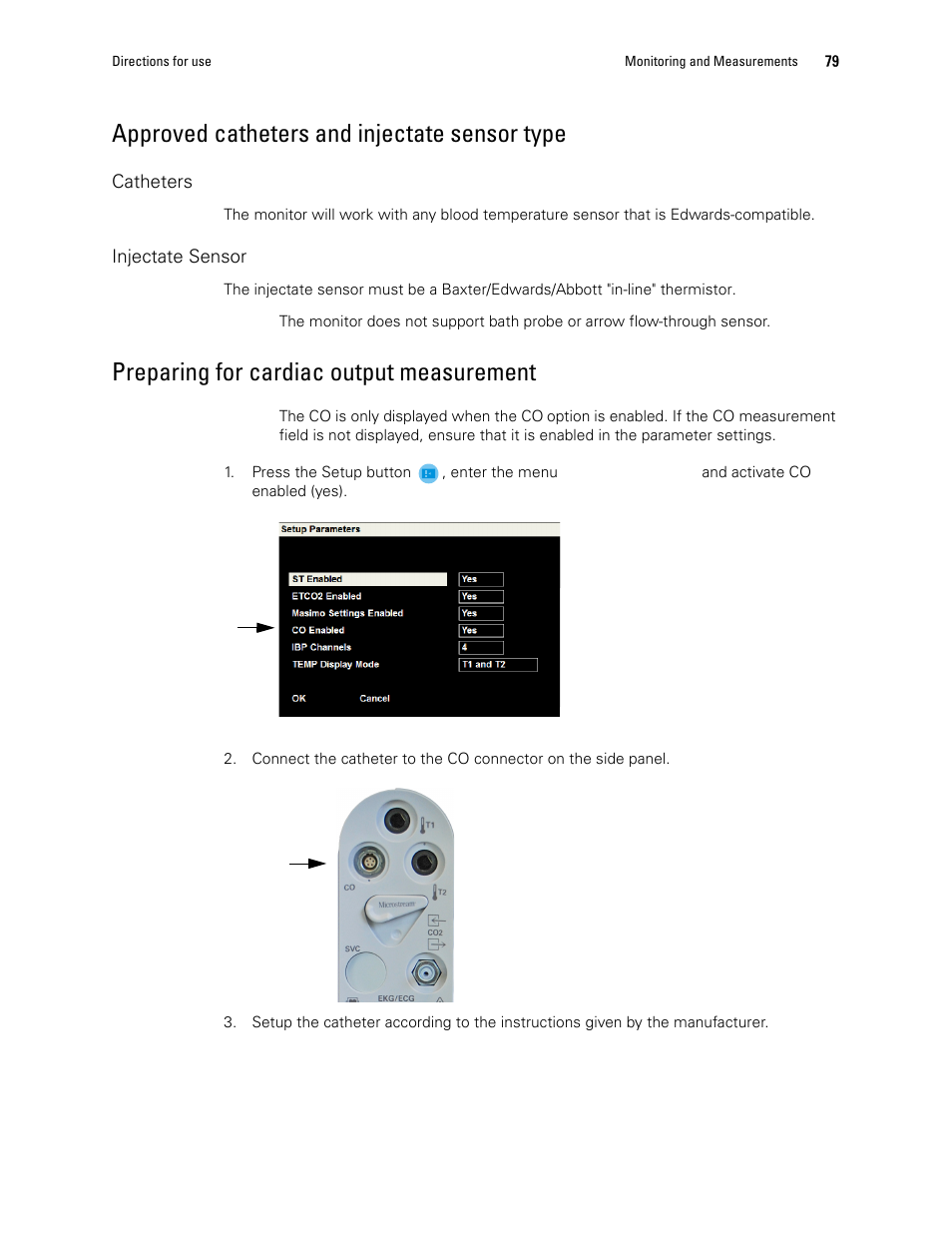Approved catheters and injectate sensor type, Preparing for cardiac output measurement | Welch Allyn 1500 Patient Monitor v.1.3.X - User Manual User Manual | Page 83 / 134