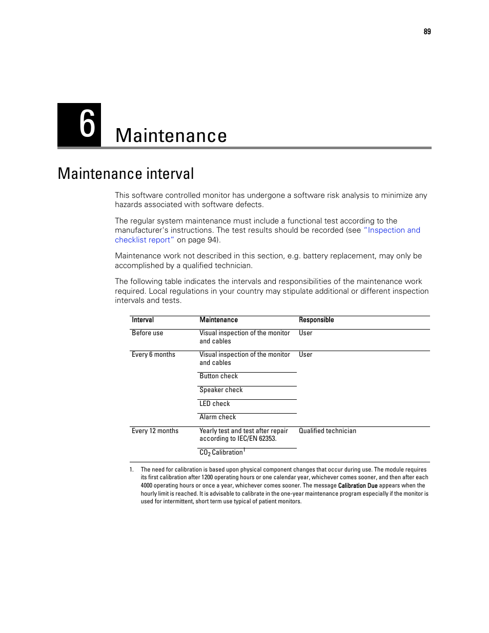 Maintenance, Maintenance interval, 6 - maintenance | Welch Allyn 1500 Patient Monitor v.1.3.X - User Manual User Manual | Page 93 / 134