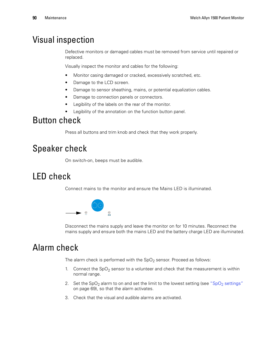 Visual inspection, Button check, Speaker check | Led check, Alarm check | Welch Allyn 1500 Patient Monitor v.1.3.X - User Manual User Manual | Page 94 / 134