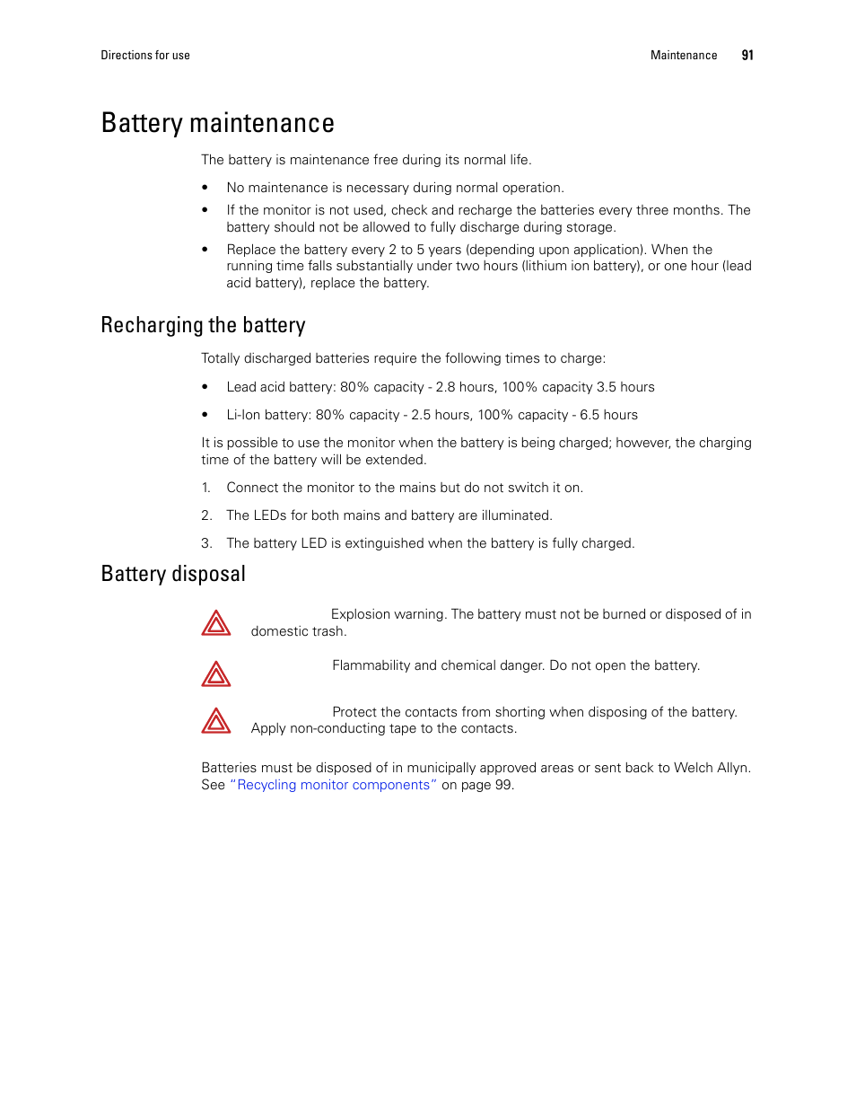 Battery maintenance, Recharging the, Battery | Recharging the battery, Battery disposal | Welch Allyn 1500 Patient Monitor v.1.3.X - User Manual User Manual | Page 95 / 134