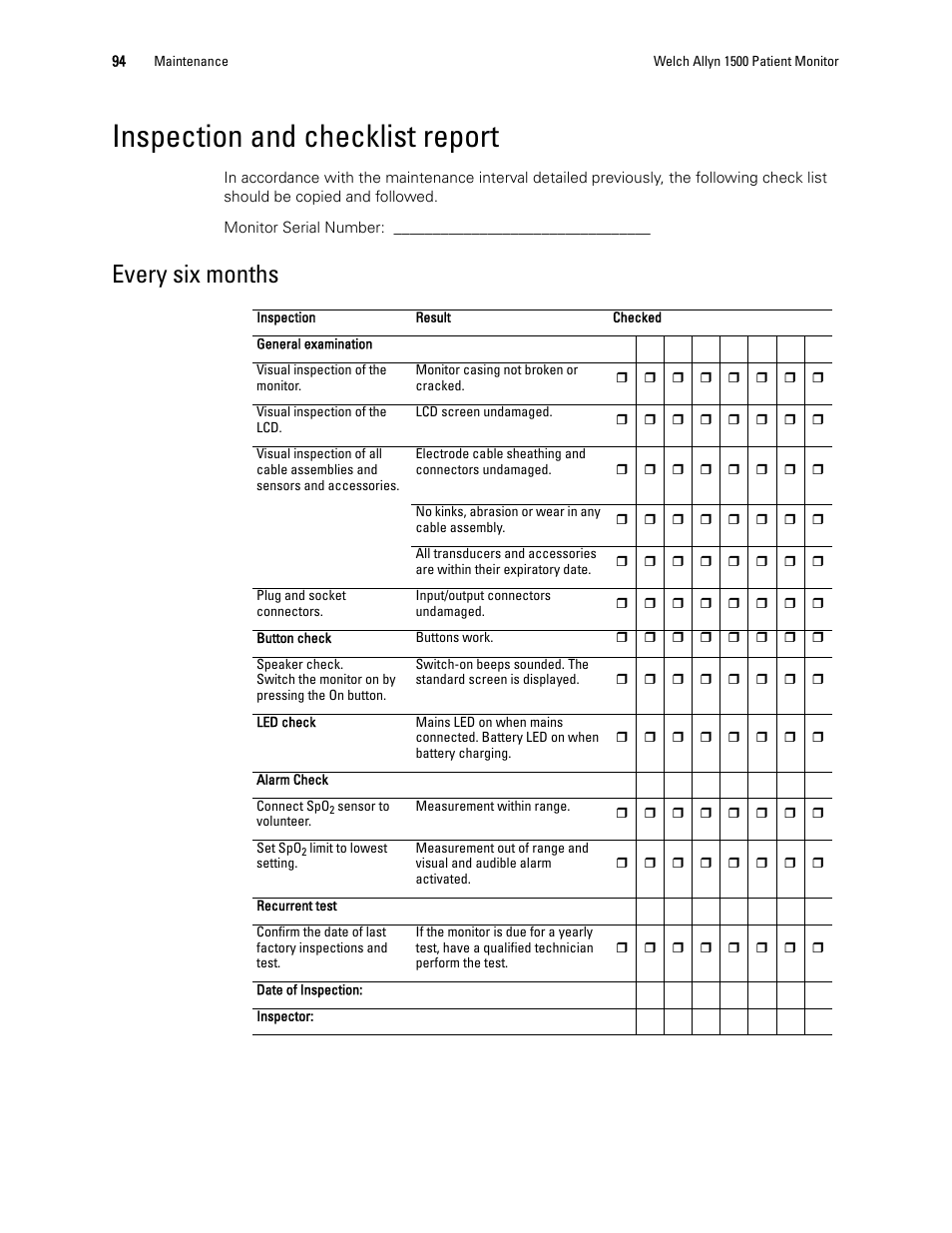Inspection and checklist report, Every six months | Welch Allyn 1500 Patient Monitor v.1.3.X - User Manual User Manual | Page 98 / 134