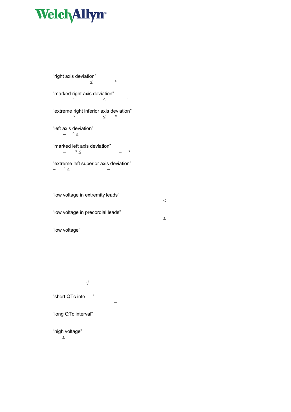 Cardioperfect workstation, 7 axis deviation, 8 low qrs voltage | 9 qt abnormalities | Welch Allyn Cardioperfect Workstation, PEDMEANS ECG Interpretation Module - Physicians - User Manual User Manual | Page 15 / 55