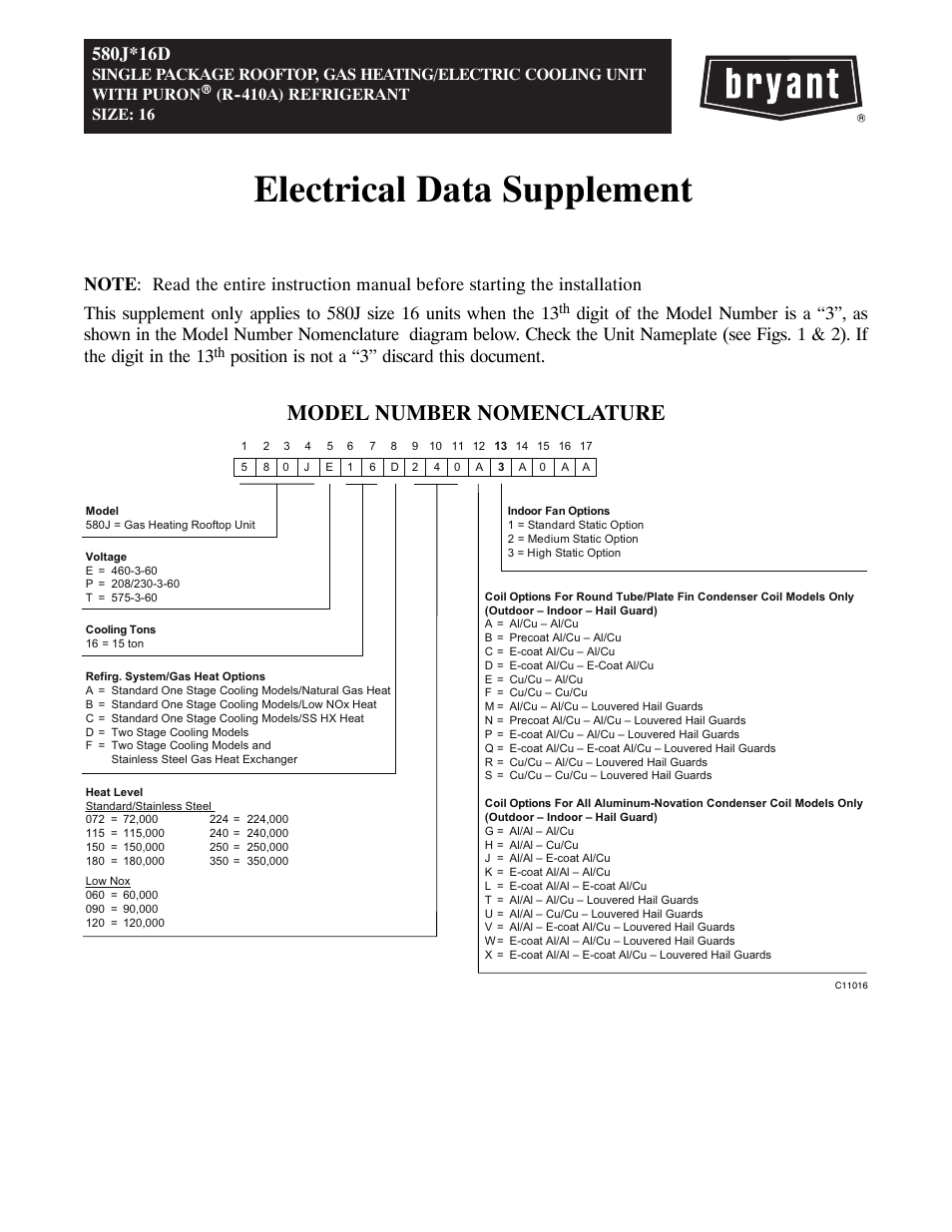 Bryant 580J*16D User Manual | 4 pages