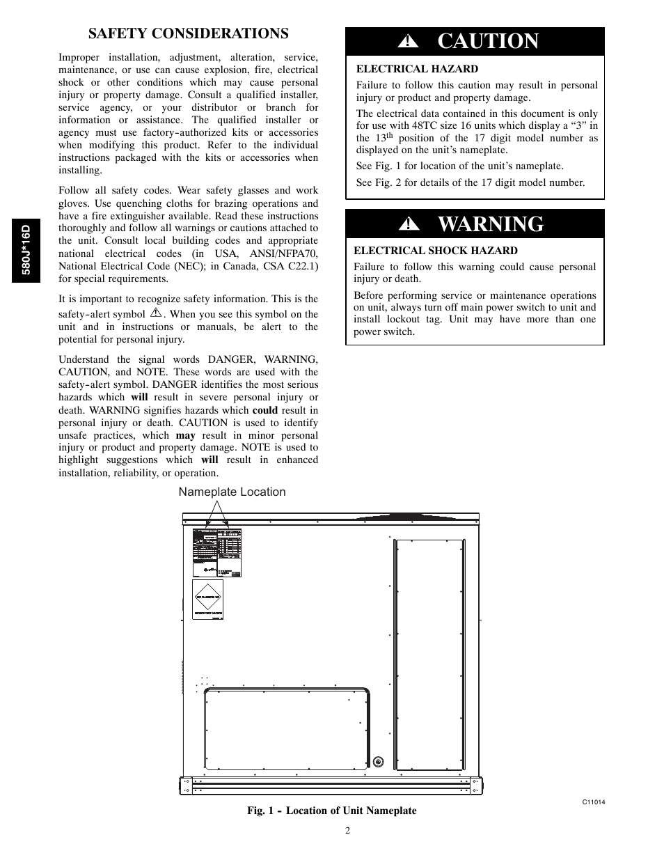 Caution, Warning, Safety considerations | Bryant 580J*16D User Manual | Page 2 / 4