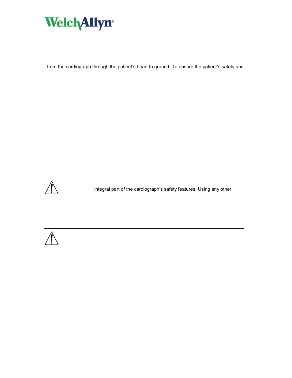 Patient cable and interface cable, Cardioperfect workstation, Resting ecg module - user manual | Patient and operational safety, Caution, Warning | Welch Allyn CardioPerfect Workstation Resting ECG Module - User Manual User Manual | Page 52 / 54