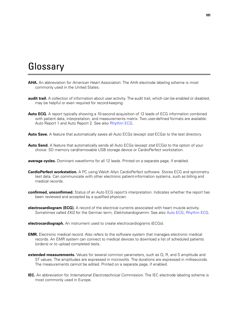 Glossary | Welch Allyn CP 200 12-Lead Resting Electrocardiograph - User Manual User Manual | Page 105 / 112