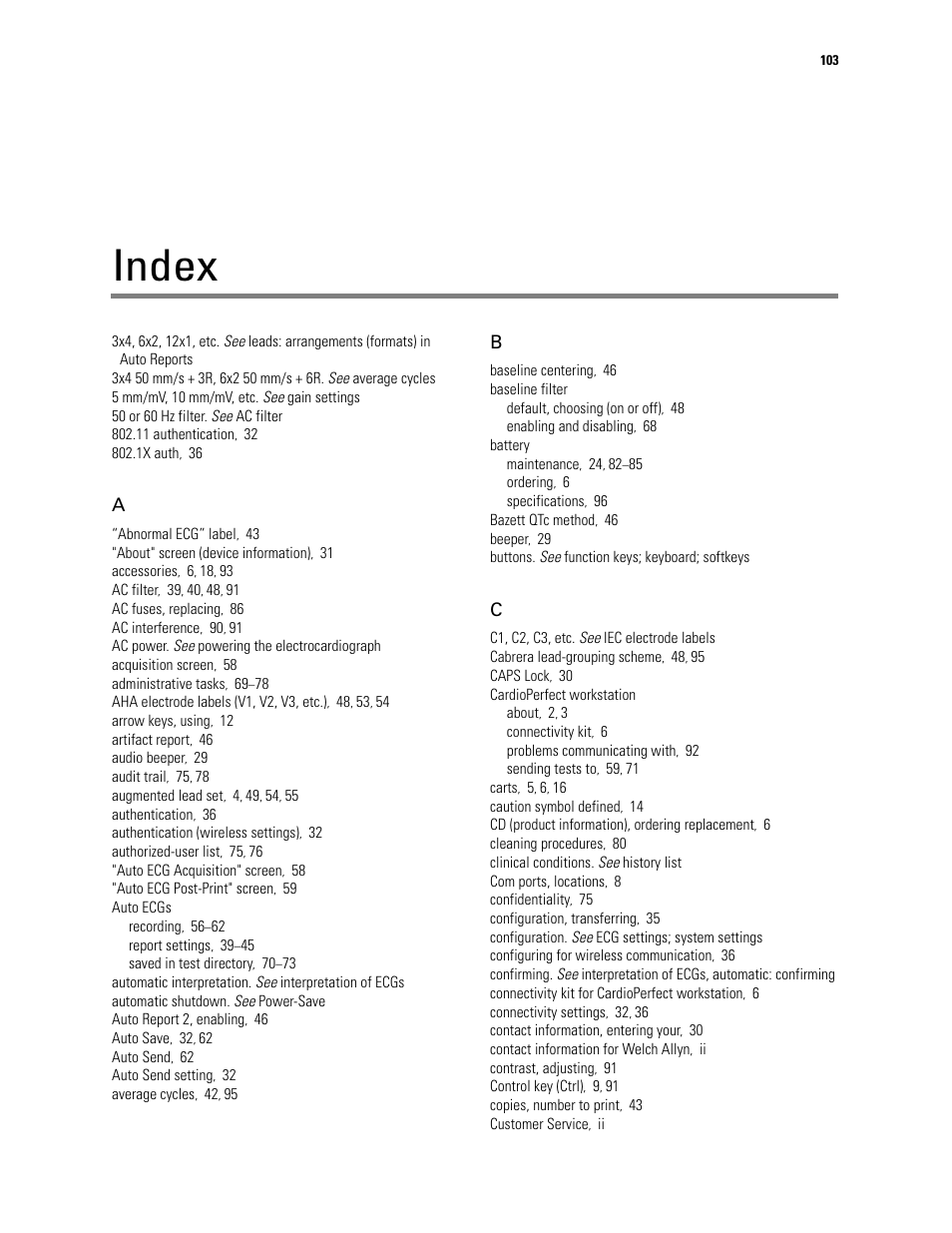 Index | Welch Allyn CP 200 12-Lead Resting Electrocardiograph - User Manual User Manual | Page 107 / 112