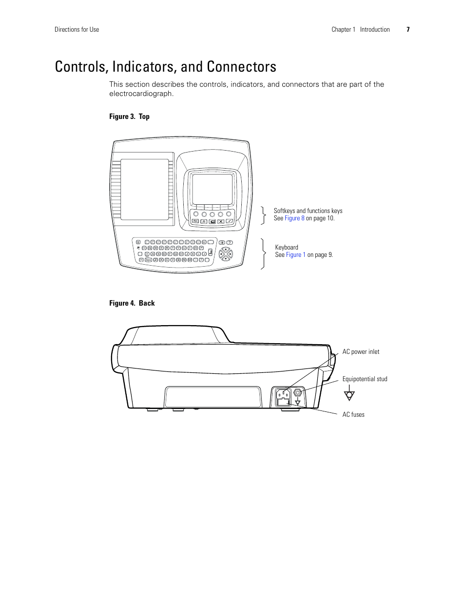 Controls, indicators, and connectors, Directions for use chapter 1 introduction 7 | Welch Allyn CP 200 12-Lead Resting Electrocardiograph - User Manual User Manual | Page 11 / 112