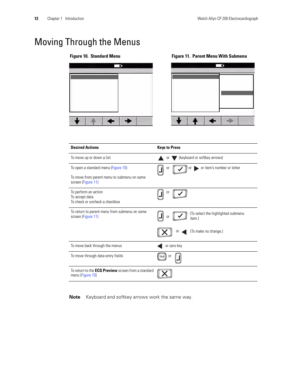 Moving through the menus | Welch Allyn CP 200 12-Lead Resting Electrocardiograph - User Manual User Manual | Page 16 / 112