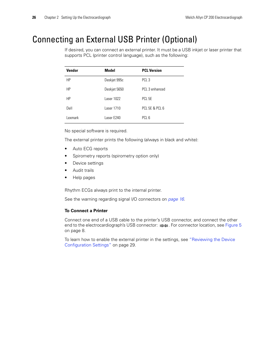 Connecting an external usb printer (optional), Connecting an external usb printer, Optional) | Welch Allyn CP 200 12-Lead Resting Electrocardiograph - User Manual User Manual | Page 30 / 112