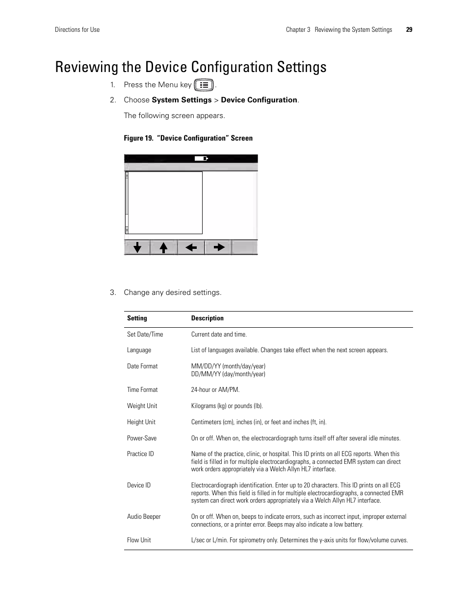 Reviewing the device configuration settings, Reviewing the device, Configuration settings | Welch Allyn CP 200 12-Lead Resting Electrocardiograph - User Manual User Manual | Page 33 / 112