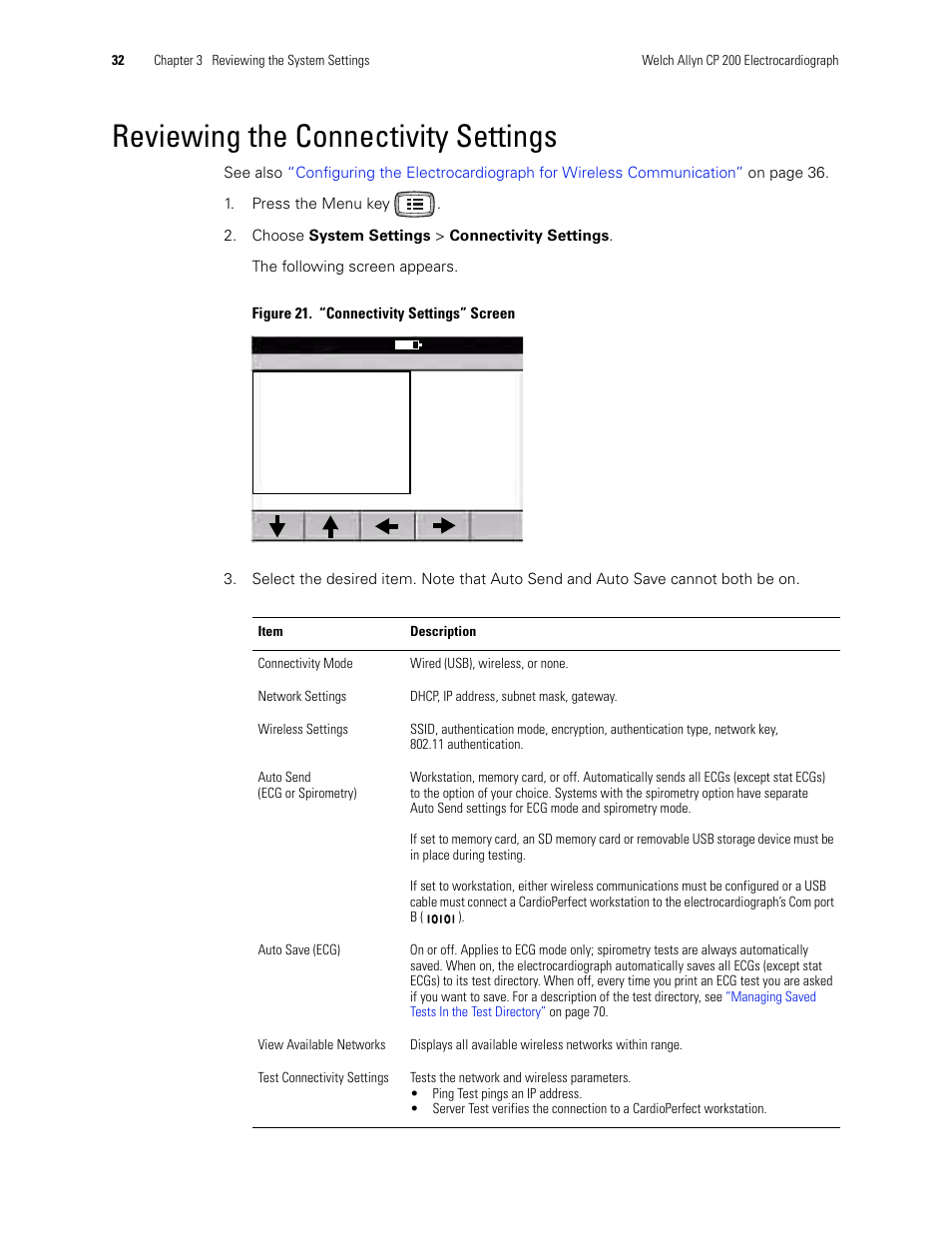 Reviewing the connectivity settings | Welch Allyn CP 200 12-Lead Resting Electrocardiograph - User Manual User Manual | Page 36 / 112