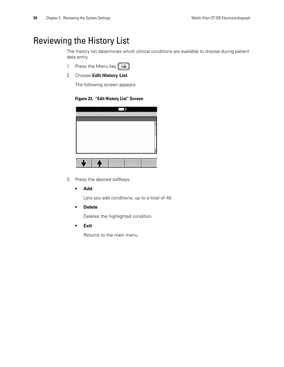 Reviewing the history list | Welch Allyn CP 200 12-Lead Resting Electrocardiograph - User Manual User Manual | Page 38 / 112