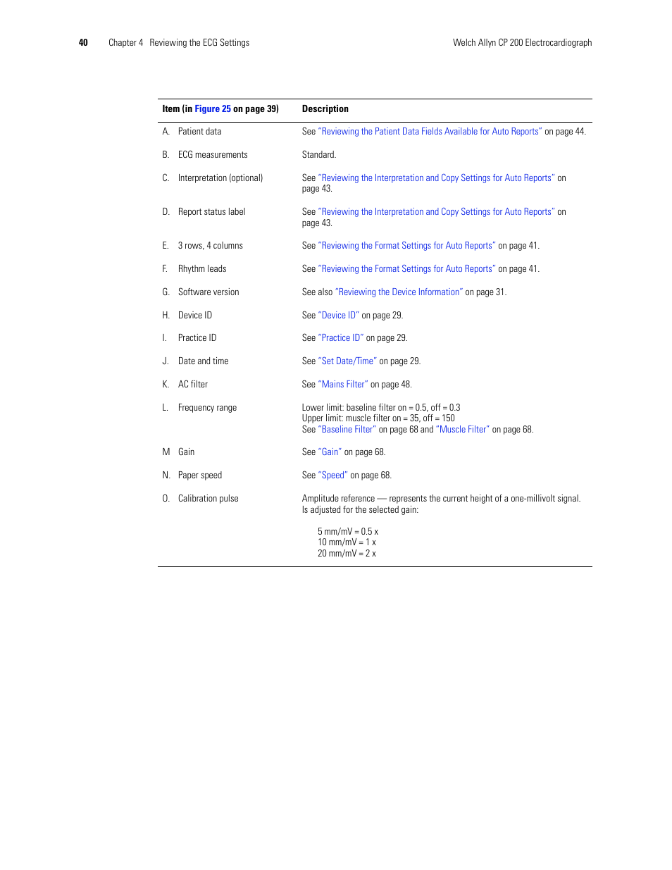 E. 3 rows, 4 columns, F. rhythm leads, A. patient data | B. ecg measurements, C. interpretation (optional), L. frequency range, N. paper speed, K. ac filter, J. date and time, H. device id | Welch Allyn CP 200 12-Lead Resting Electrocardiograph - User Manual User Manual | Page 44 / 112