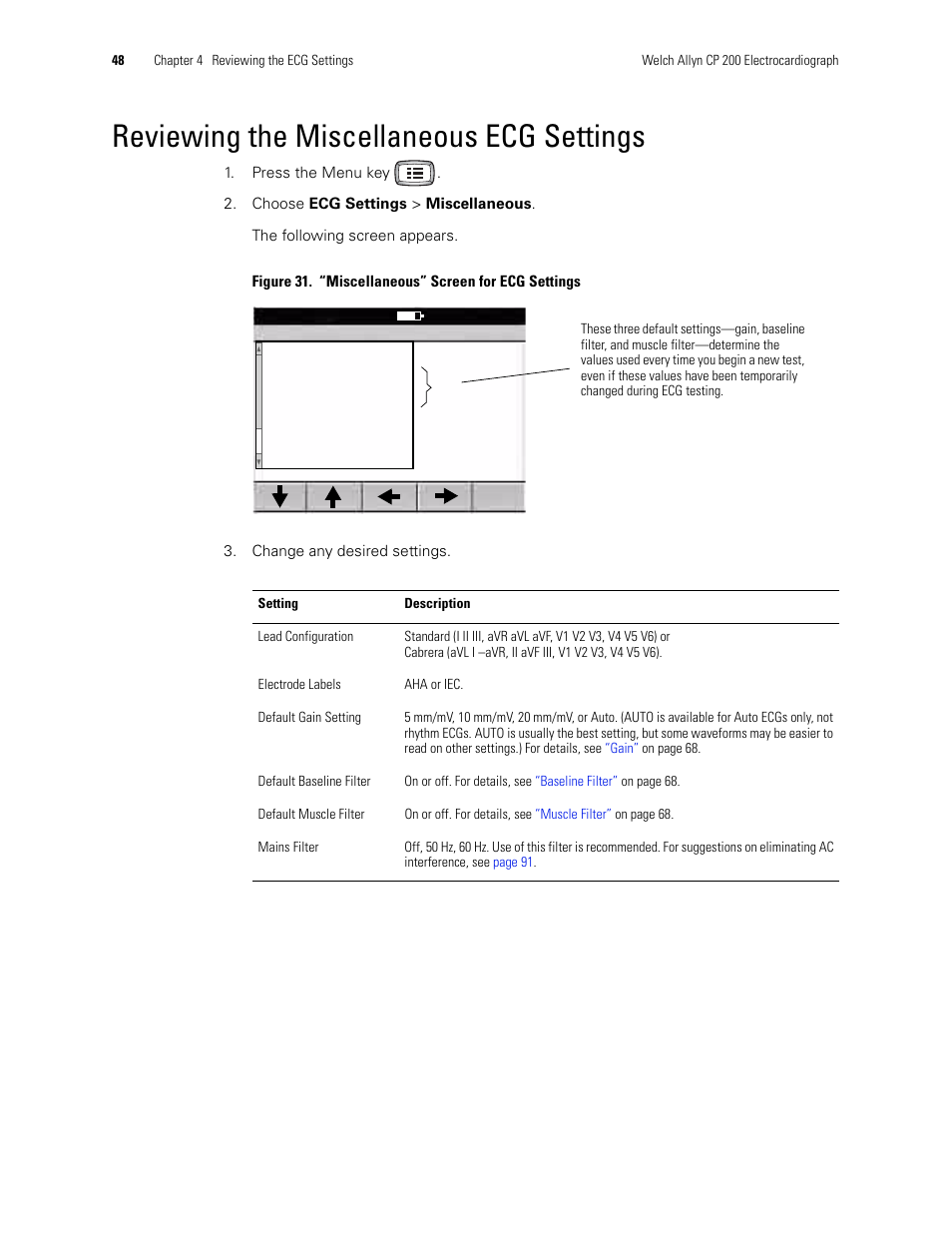 Reviewing the miscellaneous ecg settings | Welch Allyn CP 200 12-Lead Resting Electrocardiograph - User Manual User Manual | Page 52 / 112