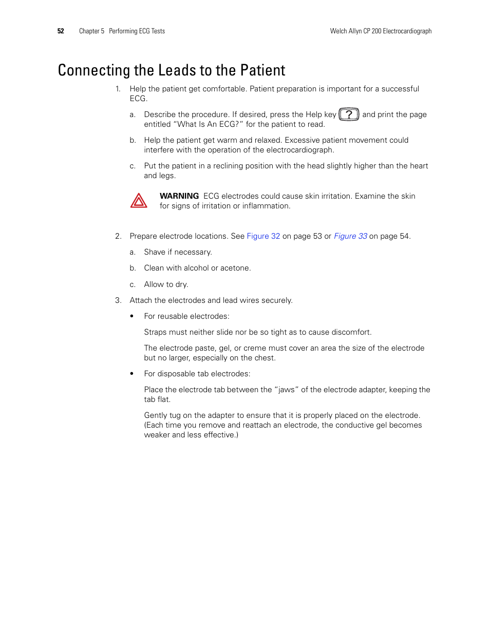 Connecting the leads to the patient | Welch Allyn CP 200 12-Lead Resting Electrocardiograph - User Manual User Manual | Page 56 / 112