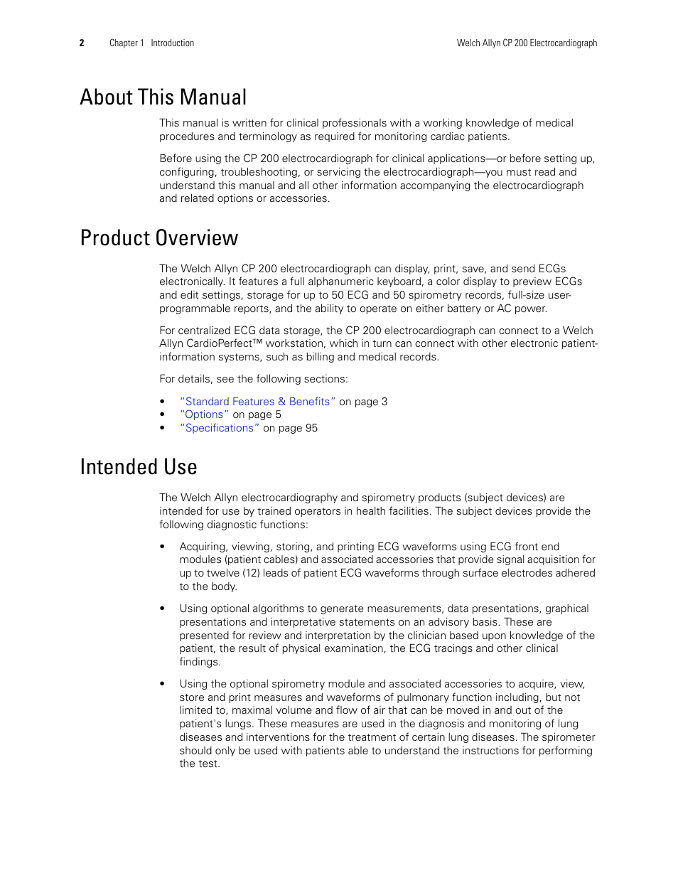 About this manual, Product overview, Intended use | About this manual product overview intended use | Welch Allyn CP 200 12-Lead Resting Electrocardiograph - User Manual User Manual | Page 6 / 112