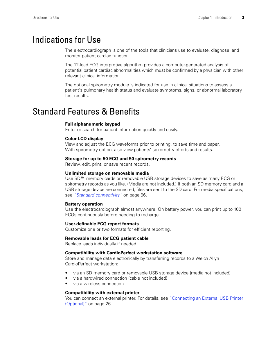 Indications for use, Standard features & benefits, Indications for use standard features & benefits | Welch Allyn CP 200 12-Lead Resting Electrocardiograph - User Manual User Manual | Page 7 / 112