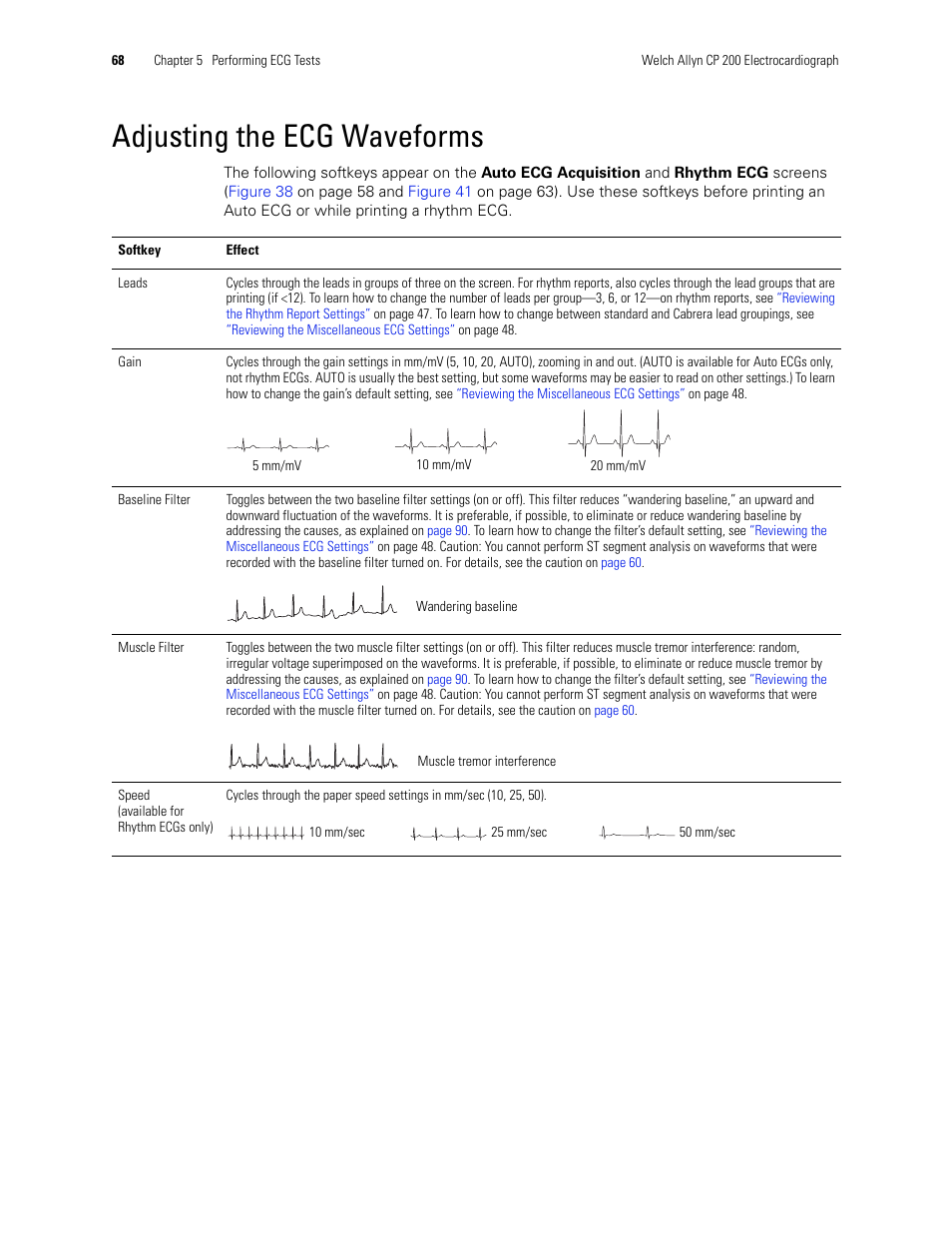 Adjusting the ecg waveforms, Gain, Baseline filter | Muscle filter | Welch Allyn CP 200 12-Lead Resting Electrocardiograph - User Manual User Manual | Page 72 / 112