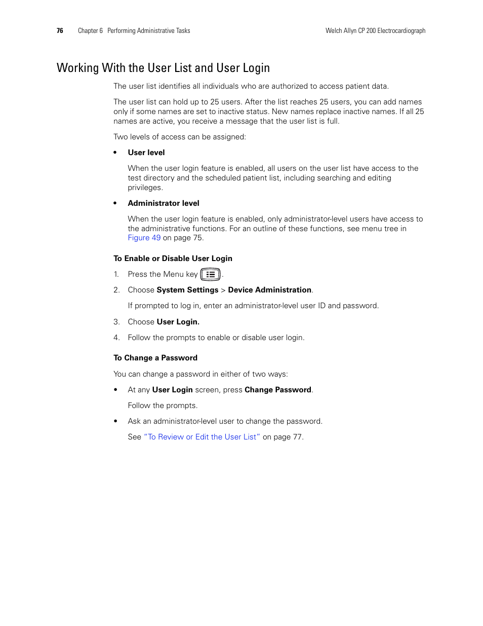 Working with the user list and user login | Welch Allyn CP 200 12-Lead Resting Electrocardiograph - User Manual User Manual | Page 80 / 112