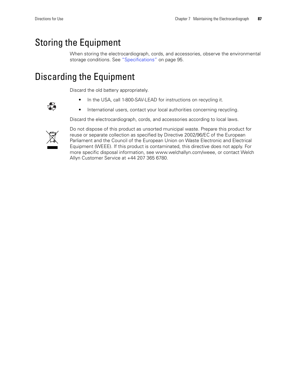 Storing the equipment, Discarding the equipment, Storing the equipment discarding the equipment | Welch Allyn CP 200 12-Lead Resting Electrocardiograph - User Manual User Manual | Page 91 / 112
