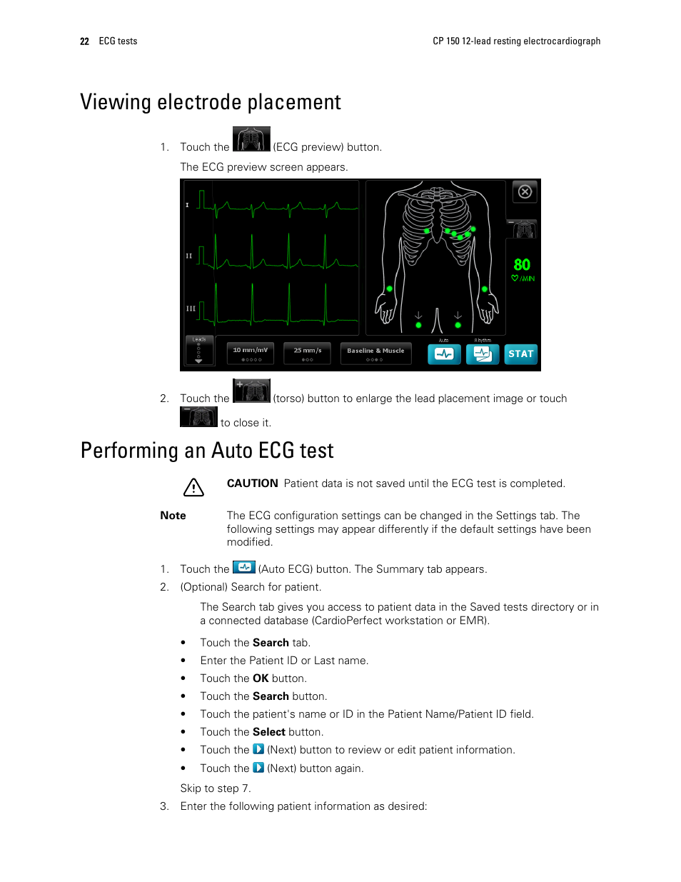 Viewing electrode placement, Performing an auto ecg test | Welch Allyn CP 150 12-lead resting electrocardiograph v.1.00.XX - User Manual User Manual | Page 26 / 58