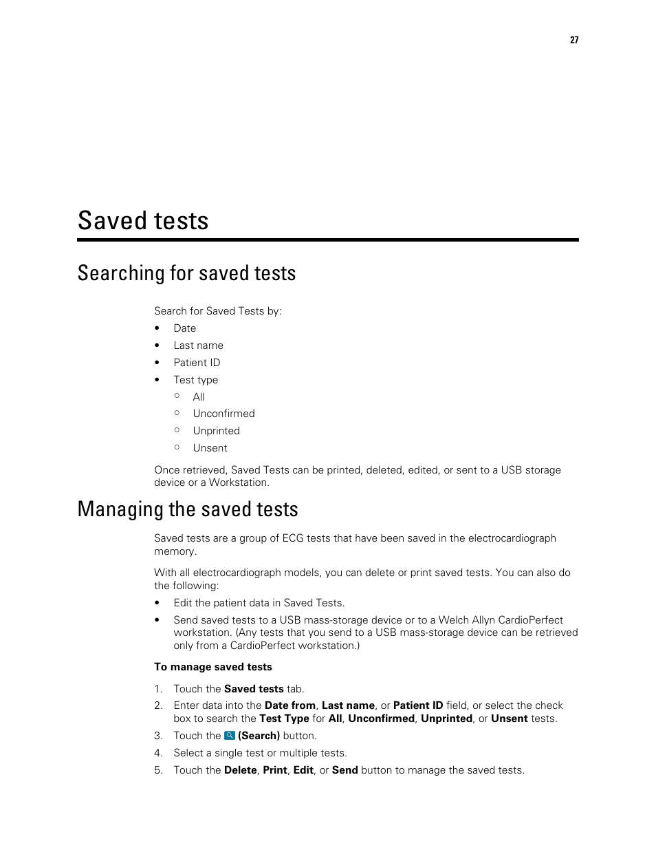 Saved tests, Searching for saved tests, Managing the saved tests | Welch Allyn CP 150 12-lead resting electrocardiograph v.1.00.XX - User Manual User Manual | Page 31 / 58