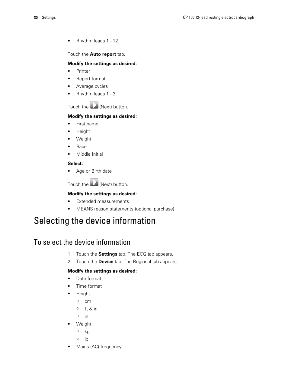 Selecting the device information, To select the device information | Welch Allyn CP 150 12-lead resting electrocardiograph v.1.00.XX - User Manual User Manual | Page 34 / 58