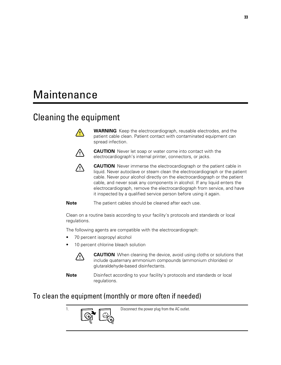 Maintenance, Cleaning the equipment | Welch Allyn CP 150 12-lead resting electrocardiograph v.1.00.XX - User Manual User Manual | Page 37 / 58
