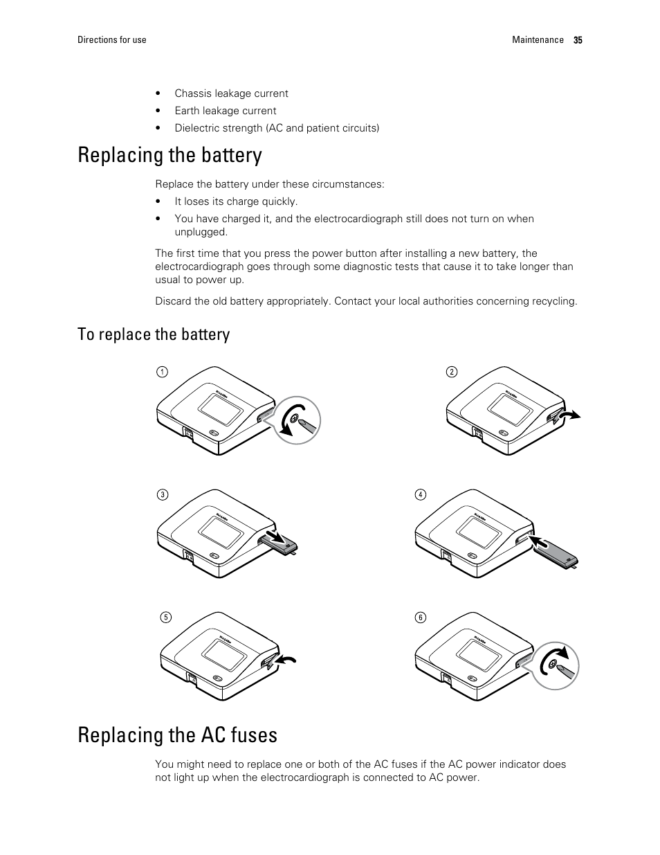 Replacing the battery, To replace the battery, Replacing the ac fuses | Welch Allyn CP 150 12-lead resting electrocardiograph v.1.00.XX - User Manual User Manual | Page 39 / 58