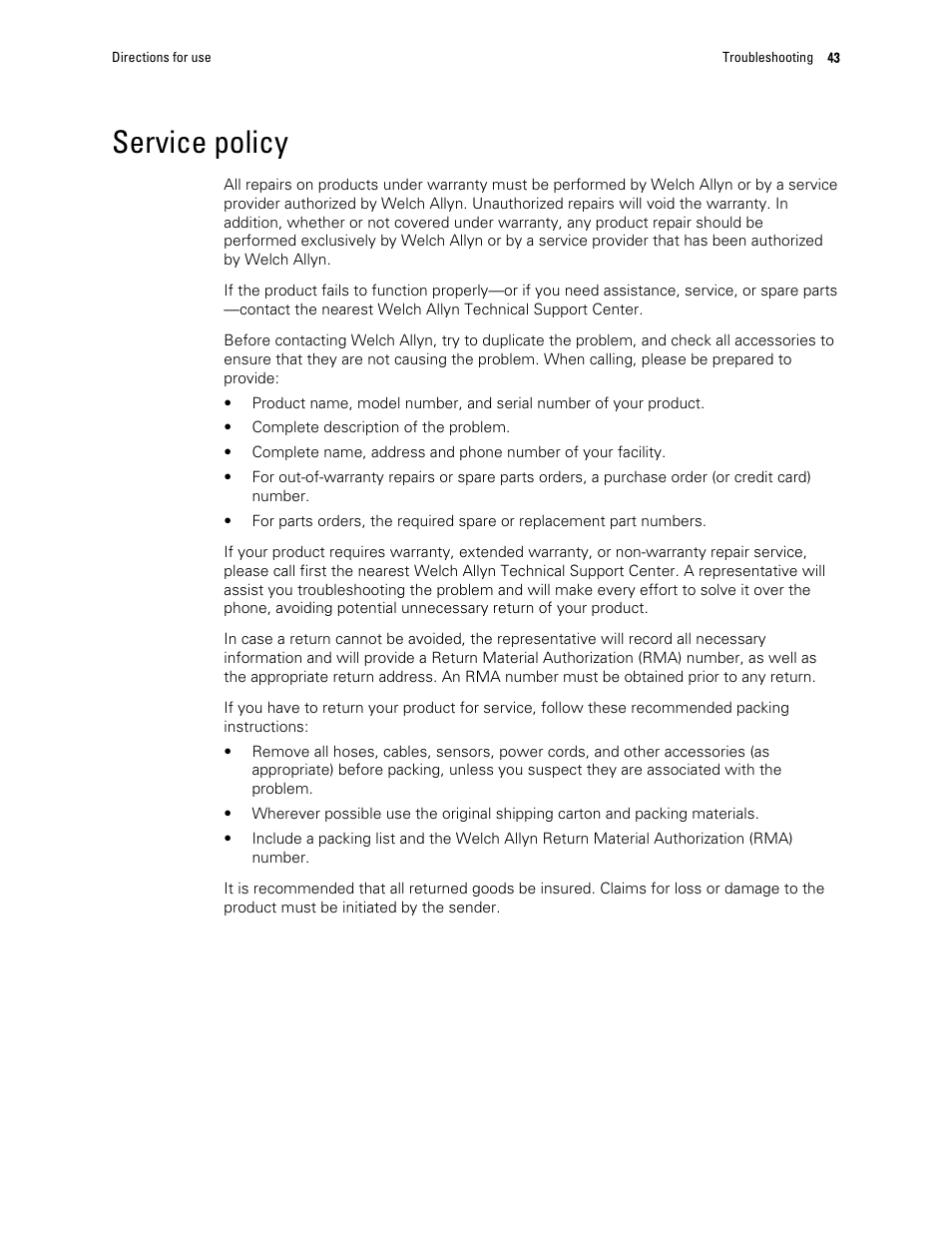 Service policy | Welch Allyn CP 150 12-lead resting electrocardiograph v.1.00.XX - User Manual User Manual | Page 47 / 58