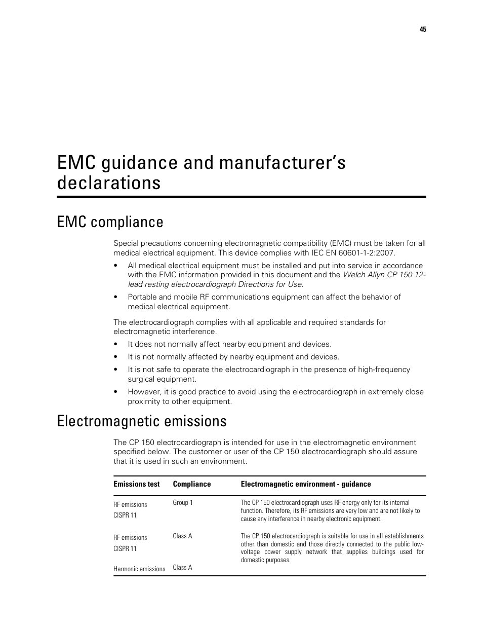 Emc guidance and manufacturer’s declarations, Emc compliance, Electromagnetic emissions | Welch Allyn CP 150 12-lead resting electrocardiograph v.1.00.XX - User Manual User Manual | Page 49 / 58
