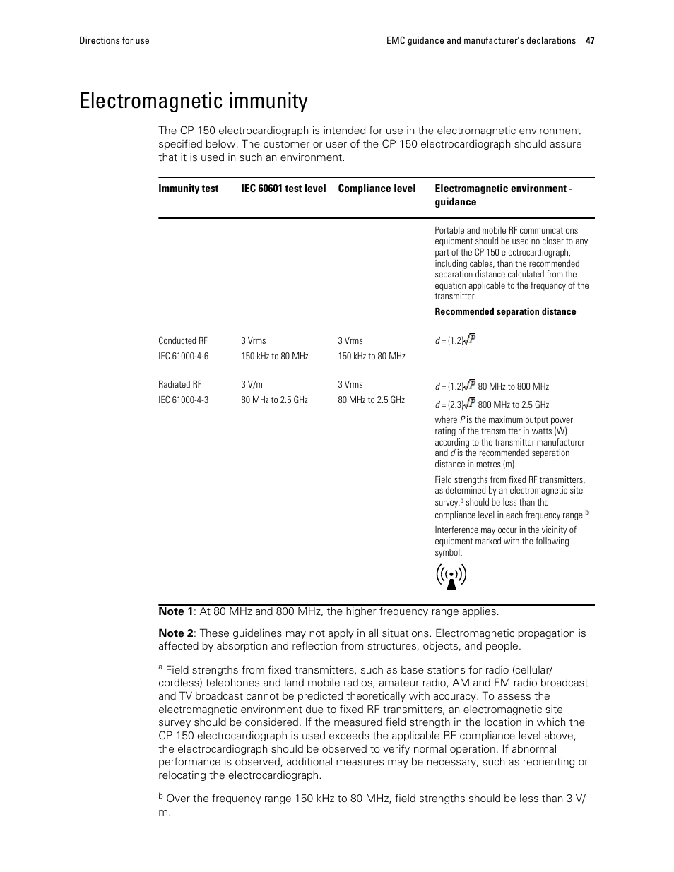 Electromagnetic immunity | Welch Allyn CP 150 12-lead resting electrocardiograph v.1.00.XX - User Manual User Manual | Page 51 / 58