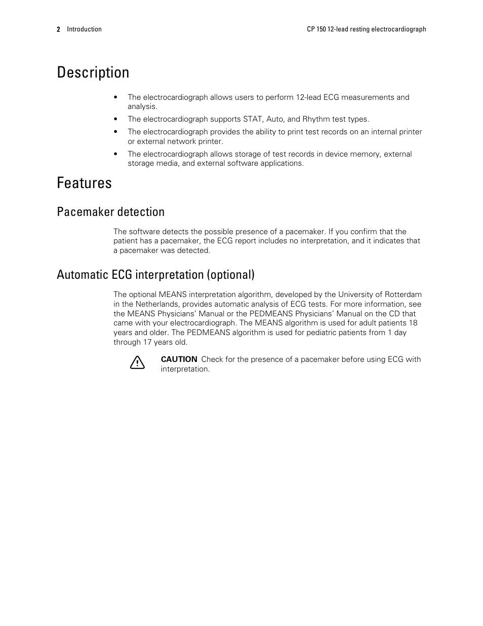 Description, Features, Pacemaker detection | Automatic ecg interpretation (optional) | Welch Allyn CP 150 12-lead resting electrocardiograph v.1.00.XX - User Manual User Manual | Page 6 / 58